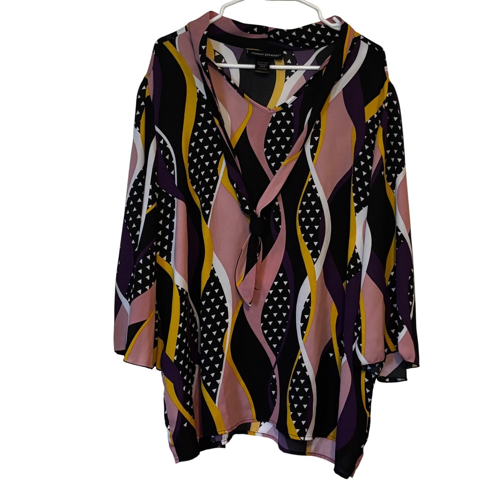 Ashley Stewart Womens Top 14/16 Wavy Print Satin Blouse